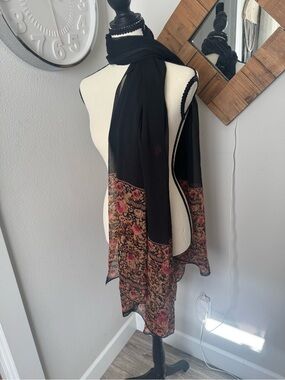 Elegant Black Sheer Scarf Wrap with Pink Floral Border